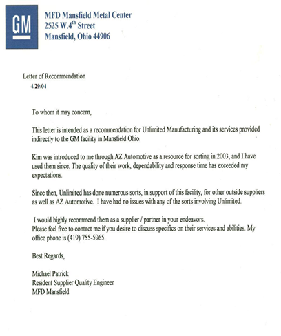 gm letter of recommendation